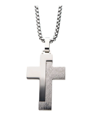 Inox 24" Modern Block-Textured Stainless Steel Cross Pendant with bold box chain and layered brushed-polished details.