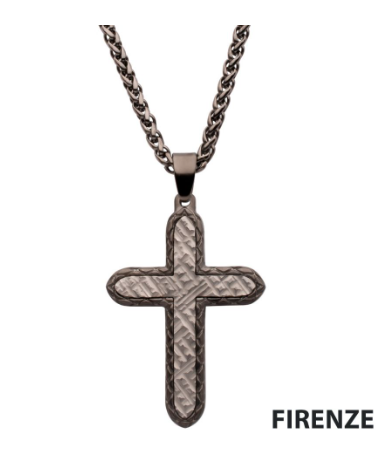 Inox 24" Gun Metal IP Bold Chiseled Cross Firenze Pendant on Wheat Chain, FIRENZE in bottom right corner.