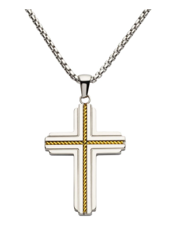Inox 22" two-tone cross pendant with gold IP rope inlay on stainless steel chain, men's necklace.