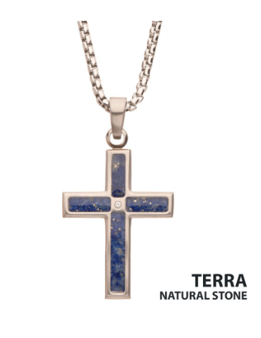 Inox 22" matte stainless steel cross pendant with lapis lazuli and 1.5mm clear CZ gem inlay.
