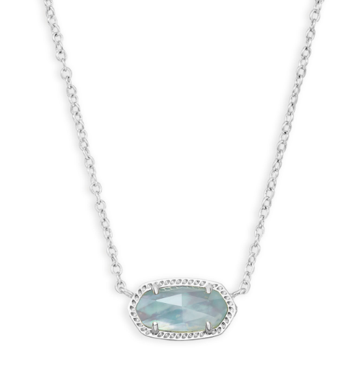 Kendra Scott ELISA Short Pendant Necklace in Rhodium with Light Blue Illusion stone and textured border.