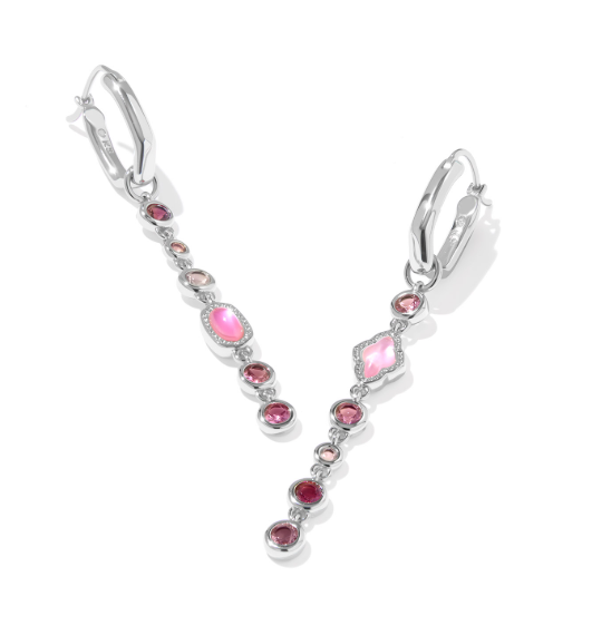 Kendra Scott MINI ELISA ABBIE huggie earrings in silver with pink and red gems, chic chain detail on white background.