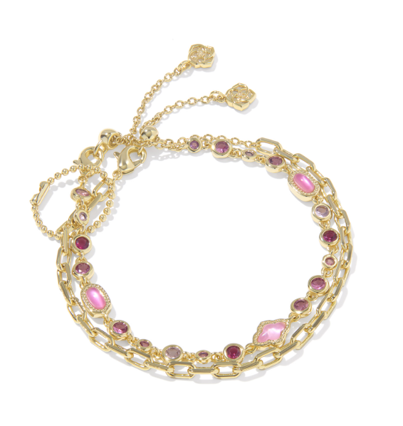 Set of 2 Kendra Scott MINI ELISA ABBIE gold chain bracelets with pink and purple stones, adjustable for your wrist stack.