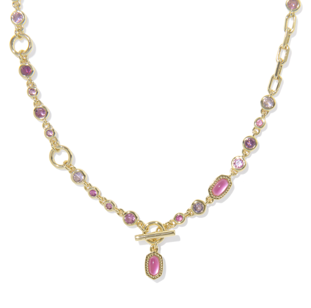 Kendra Scott MINI ELISA ABBIE Strand Necklace in gold with pink mix gemstones and toggle clasp.
