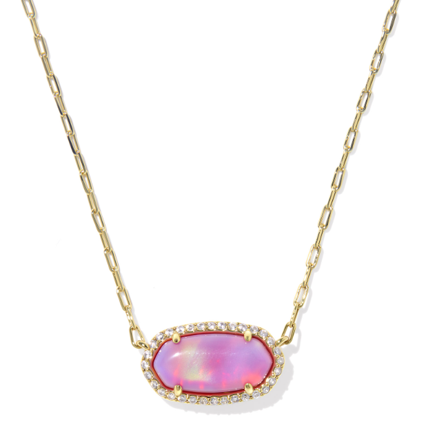 Kendra Scott ELISA PAVE FRAME short gold necklace with pink opalescent resin pendant, shown on white background.