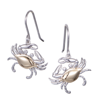 Alamea SS 14K Blue Crab Earrings feature sterling silver legs, 14K gold-toned bodies, and hook ear wires.
