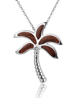 The Alamea SS Palm Tree Pendant features brown inlay leaves and a textured trunk for standout beach style.