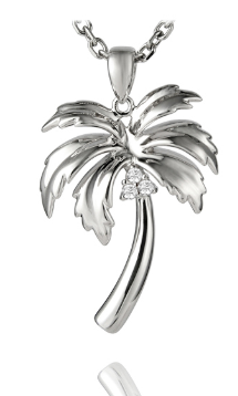 Alamea SS Palm Tree Pendant with three CZ diamonds on a chain, shown against a white background.