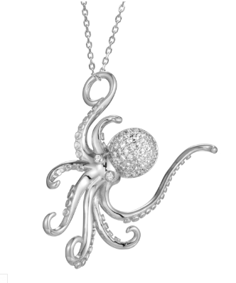 Alamea SS Octopus Pendant with a gem-encrusted head on a delicate chain, shown on a white background.
