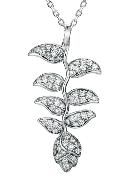 Alamea SS Heliconia Pendant: a sterling silver necklace featuring a leaf branch design with sparkling gemstones.