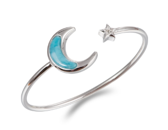 Alamea SS 925 Larimar Moon Star Bangle features a blue crescent moon and tiny star on a white background.
