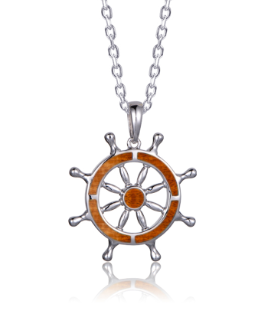 Alamea 925 Sterling Silver Koa Wood Shipsheel Pendant with wood-like accents on spokes and rim.
