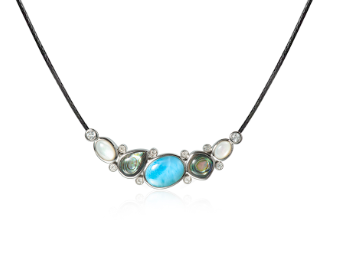 Alamea's 925 Sterling Silver Larimar Pendant features abalone and pearl accents on a black cord necklace.