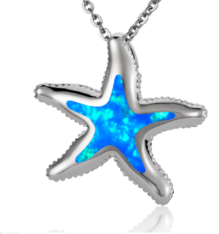 Alamea 925 Sterling Silver Starfish Pendant with vibrant blue opal-like center on chain, shown on white.