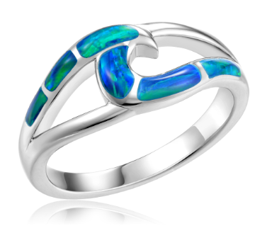 Alamea 925 Sterling Silver GR Opal Wave Ring, size 7, features blue and green opal-like wave design inlays.