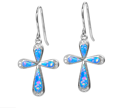 Alamea Sterling Silver Blue Opal Cross Drop Earrings with clear stones on hook ear wires.