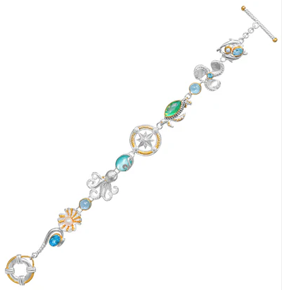 Michou Sterling Silver & 22K Gold Vermeil bracelet features Amazonite, Quartz, Topaz, Pearl & Mother of Pearl.