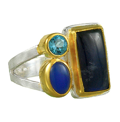 Michou's sterling silver & 22K gold ring features blue agate, baby blue topaz & rainbow moonstone in unique shapes.