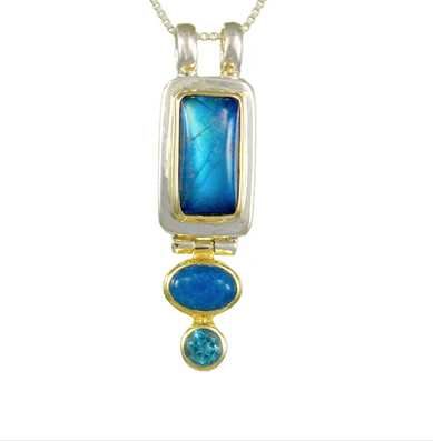 Michou Sterling Silver & 22K Gold Vermeil Pendant with Blue Agate, Baby Blue Topaz & Rainbow Moonstone on a delicate chain.