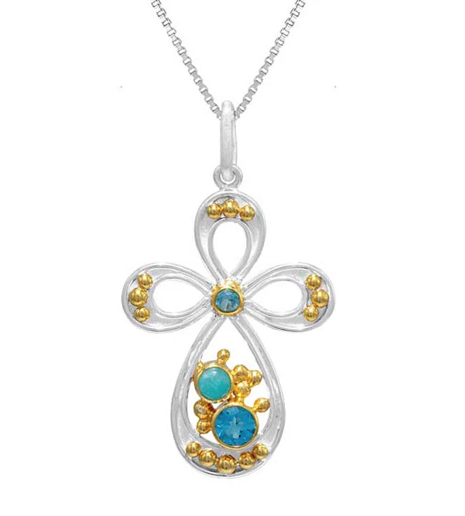 Michou Sterling Silver & 22K Gold Vermeil Cross Pendant with Amazonite and Topaz, shown on a chain against white.