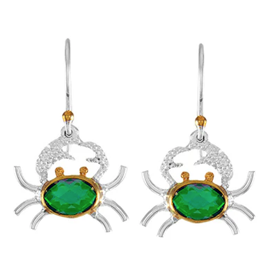 Michou Sterling Silver and 22K Gold Vermeil crab earrings with green gemstones—unique nautical jewelry.