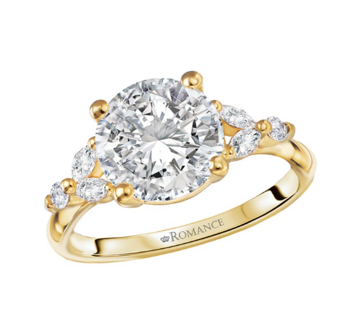 Romance Diamond Semi-Mount Engagement Ring in 14kt yellow gold with round center, side stones, and Romance engraving.