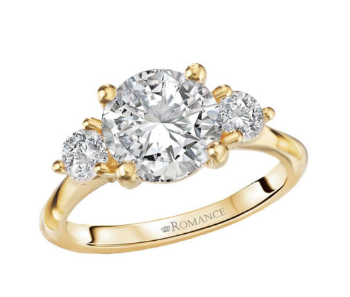 Romance 3-Stone Semi-Mount Diamond Engagement Ring in 14kt yellow gold with engraved “ROMANCE” and large center stone.