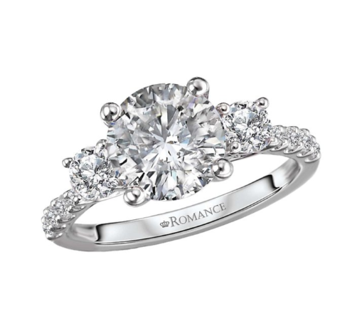 The Romance Diamond Semi-Mount Engagement Ring features side diamonds on a 14kt white gold band by Romance.