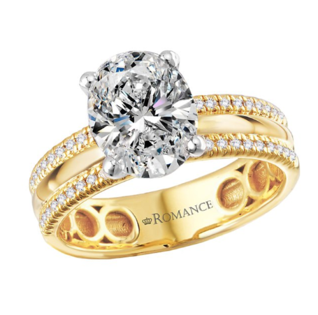 Romance Split Shank Semi-Mount Diamond Engagement Ring in yellow gold with oval center and ROMANCE engraving.
