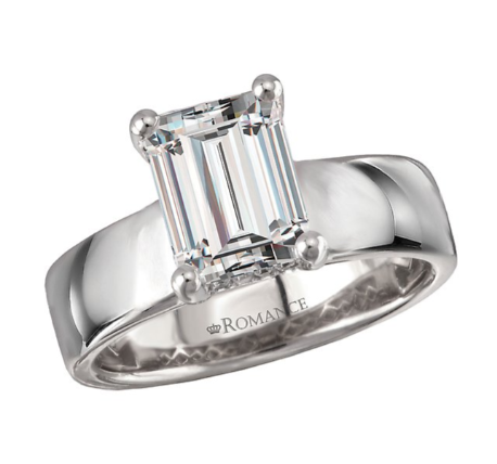 The Romance Bold Band Semi-Mount features a wide 14kt white gold band with an emerald cut diamond setting.
