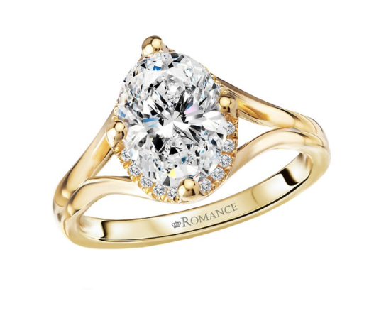 The Romance Semi-Mount Diamond Halo Engagement Ring in 14kt yellow gold features an oval center setting.