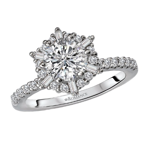 Romance Halo Semi-Mount Diamond Ring by Romance features a round center and lab grown diamond accents in 14kt white gold.