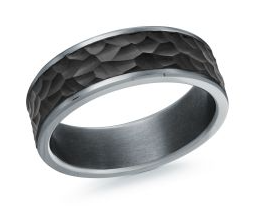 Silver colored tantalum ring with black textured band.