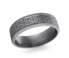Silver colored tantalum ring with geometric pattern.
