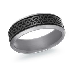 Silver colored tantalum ring with black Celtic knot design.
