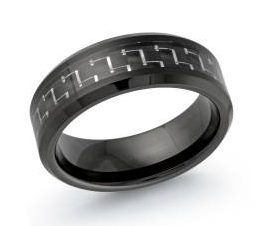 Black tungsten men's ring with engraved design.