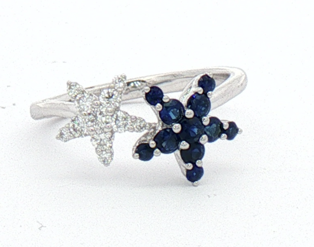 White Gold Sapphire and Diamond Starfish Ring.