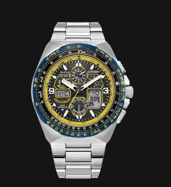 Citizens Promaster Skyhawk A-T watch: Eco-Drive, blue/gold bezel, analog/digital display, black face.