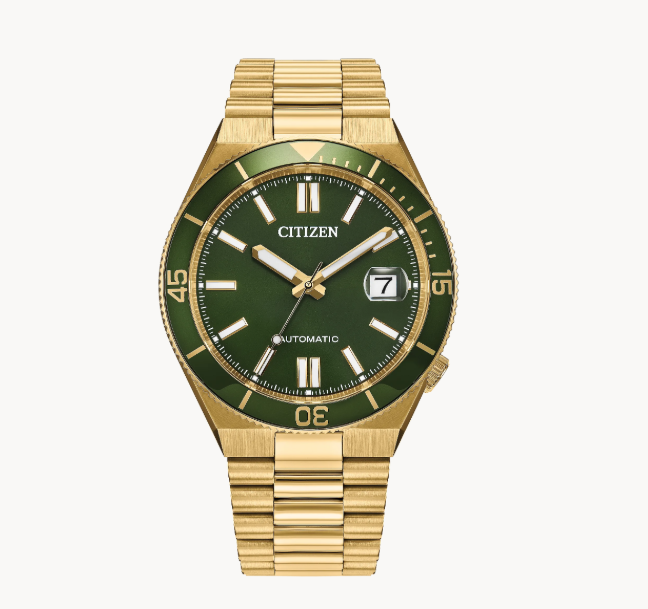 Citizens TSUYOSA Shore watch: gold-tone steel, green dial, date, automatic Caliber 8210. Shown on white background.
