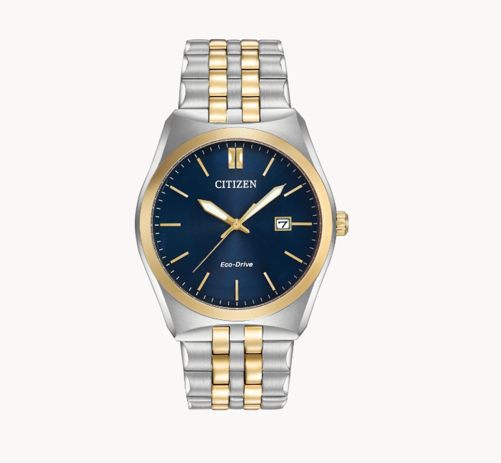 The Corso Citizen's Watch by Citizens has Eco-Drive, a blue face, and a two-tone band with date display.