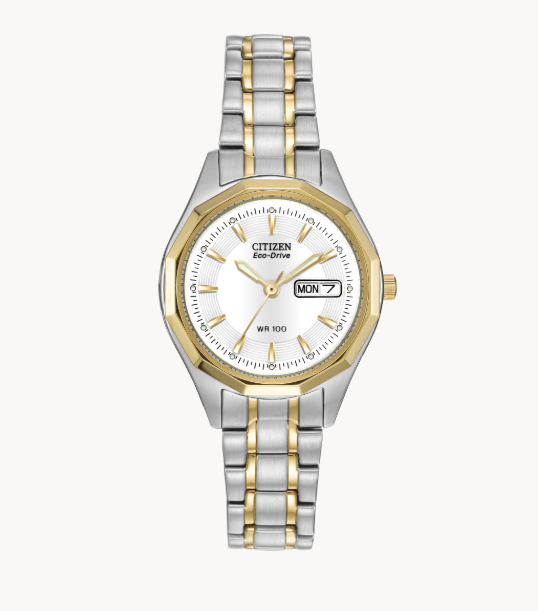 Corso Citizen's Watch by Citizens; silver & gold, white face, 12-sided bezel, day-date, link band.