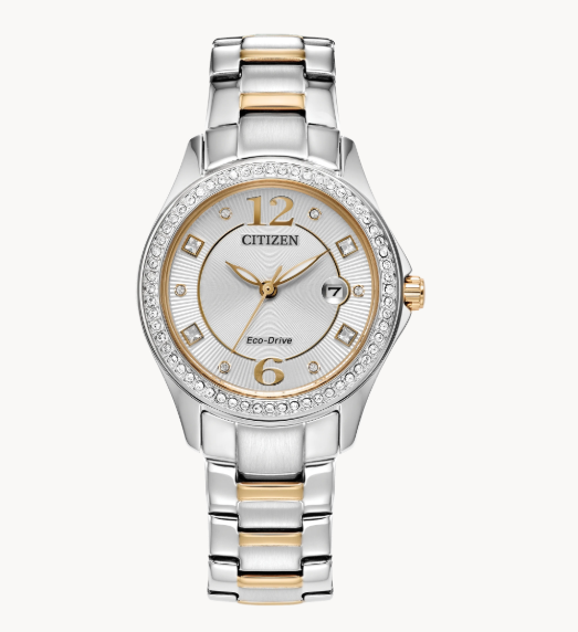 Crystal Citizen's Watch by Citizens with diamond bezel, date display, and stainless steel metallic bracelet.