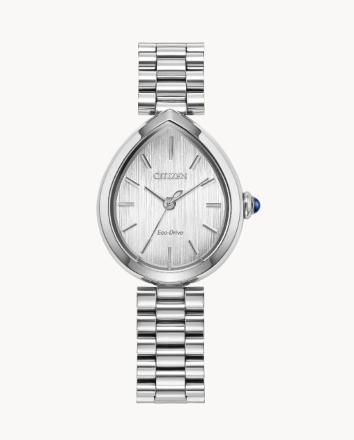 Citizens L Rainell Watch: women's silver-tone Eco-Drive with teardrop face, link bracelet, on white background.