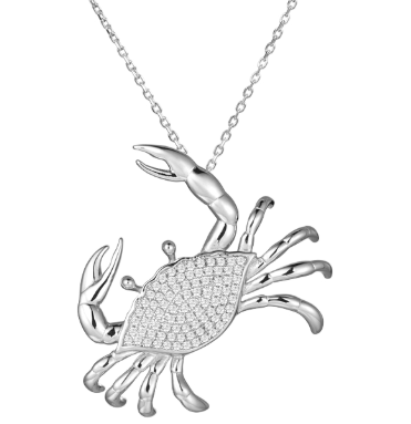 A white gold pendant necklace featuring a detailed crab design, with a textured pavé-set center and a fine link chain.