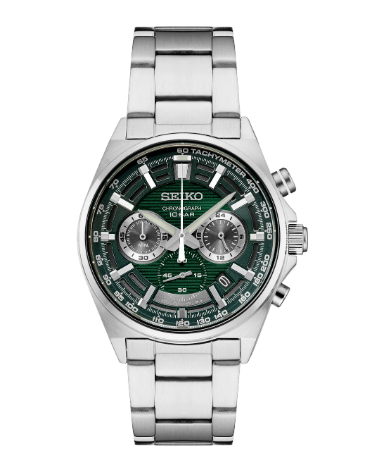 Seiko Essentials Men's Watch with green sunray dial and stainless steel bracelet, shown on a white background.