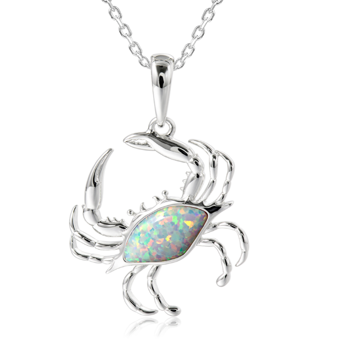 Alamea’s SS 925 Opal Crab Pendant shimmers with iridescent opal in sterling silver on a delicate chain necklace.