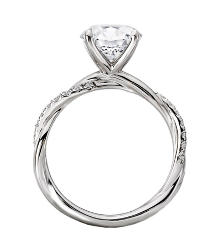 Romance Semi-Mount Diamond Engagement Ring in twisted 14kt white gold for 8.2mm round, with diamond-accented band.