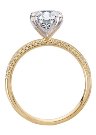 Romance Split Shank Semi-Mount Diamond Engagement Ring in yellow gold with round solitaire and accent diamonds.