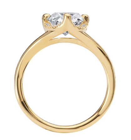 Romance Semi-Mount Diamond Halo Engagement Ring in 14kt yellow gold with a round center, side view.