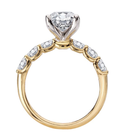 Romance 4 Prong Peg Head Semi-Mount Ring: 14kt yellow gold band, oval side diamonds, round center in white gold.